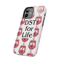 Load image into Gallery viewer, Phone Case in White with DST Crest in Red and DST for Life in Black
