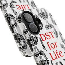 Load image into Gallery viewer, Phone Case in White with the DST Crest in Black and DST for Life in Red
