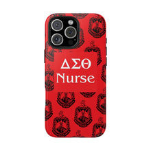 Load image into Gallery viewer, Phone Case in Red with DST Crest in Black with DST Nurse Theme
