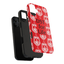 Load image into Gallery viewer, Phone Case in Red with DST Crest in White and DST for Life in Black
