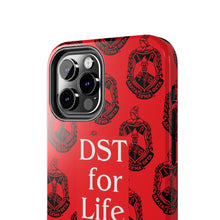 Load image into Gallery viewer, Phone Case in Red with DST Crest in Black with DST for Life in White
