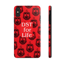 Load image into Gallery viewer, Phone Case in Red with DST Crest in Black with DST for Life in White
