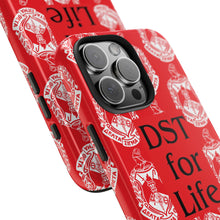 Load image into Gallery viewer, Phone Case in Red with DST Crest in White and DST for Life in Black
