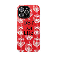 Load image into Gallery viewer, Phone Case in Red with DST Crest in White and DST for Life in Black
