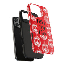 Load image into Gallery viewer, Phone Case in Red with DST Crest in White and DST for Life in Black
