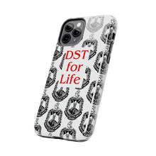 Load image into Gallery viewer, Phone Case in White with the DST Crest in Black and DST for Life in Red
