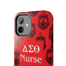 Load image into Gallery viewer, Phone Case in Red with DST Crest in Black with DST Nurse Theme
