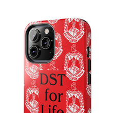 Load image into Gallery viewer, Phone Case in Red with DST Crest in White and DST for Life in Black
