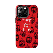 Load image into Gallery viewer, Phone Case in Red with DST Crest in Black with DST for Life in White
