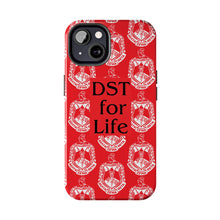 Load image into Gallery viewer, Phone Case in Red with DST Crest in White and DST for Life in Black
