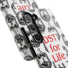 Load image into Gallery viewer, Phone Case in White with the DST Crest in Black and DST for Life in Red
