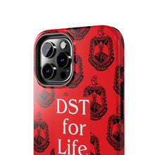 Load image into Gallery viewer, Phone Case in Red with DST Crest in Black with DST for Life in White
