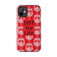 Load image into Gallery viewer, Phone Case in Red with DST Crest in White and DST for Life in Black
