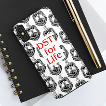 Load image into Gallery viewer, Phone Case in White with the DST Crest in Black and DST for Life in Red
