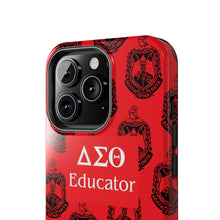 Load image into Gallery viewer, Phone Case in Red with DST Crest in Black with DST Educator Theme
