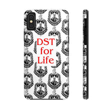 Load image into Gallery viewer, Phone Case in White with the DST Crest in Black and DST for Life in Red
