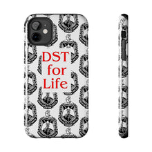 Load image into Gallery viewer, Phone Case in White with the DST Crest in Black and DST for Life in Red
