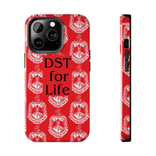 Load image into Gallery viewer, Phone Case in Red with DST Crest in White and DST for Life in Black
