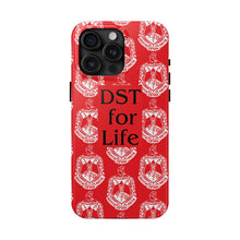 Load image into Gallery viewer, Phone Case in Red with DST Crest in White and DST for Life in Black
