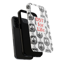 Load image into Gallery viewer, Phone Case in White with the DST Crest in Black and DST for Life in Red
