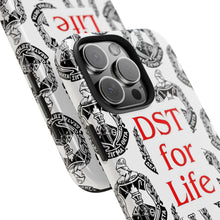 Load image into Gallery viewer, Phone Case in White with the DST Crest in Black and DST for Life in Red
