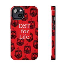 Load image into Gallery viewer, Phone Case in Red with DST Crest in Black with DST for Life in White
