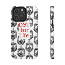 Load image into Gallery viewer, Phone Case in White with the DST Crest in Black and DST for Life in Red
