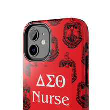 Load image into Gallery viewer, Phone Case in Red with DST Crest in Black with DST Nurse Theme
