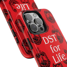 Load image into Gallery viewer, Phone Case in Red with DST Crest in Black with DST for Life in White
