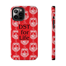 Load image into Gallery viewer, Phone Case in Red with DST Crest in White and DST for Life in Black
