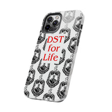 Load image into Gallery viewer, Phone Case in White with the DST Crest in Black and DST for Life in Red
