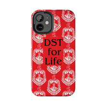 Load image into Gallery viewer, Phone Case in Red with DST Crest in White and DST for Life in Black
