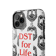 Load image into Gallery viewer, Phone Case in White with the DST Crest in Black and DST for Life in Red
