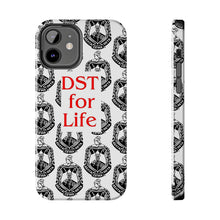 Load image into Gallery viewer, Phone Case in White with the DST Crest in Black and DST for Life in Red
