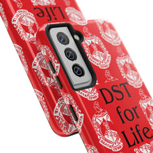 Load image into Gallery viewer, Phone Case in Red with DST Crest in White and DST for Life in Black
