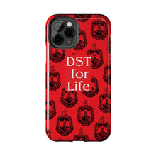 Load image into Gallery viewer, Phone Case in Red with DST Crest in Black with DST for Life in White
