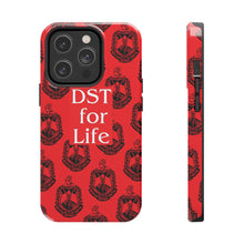 Load image into Gallery viewer, Phone Case in Red with DST Crest in Black with DST for Life in White
