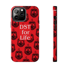 Load image into Gallery viewer, Phone Case in Red with DST Crest in Black with DST for Life in White
