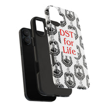 Load image into Gallery viewer, Phone Case in White with the DST Crest in Black and DST for Life in Red
