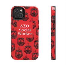 Load image into Gallery viewer, Phone Case in Red with DST Crest in Black with DST Social Worker Theme
