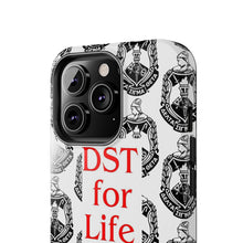 Load image into Gallery viewer, Phone Case in White with the DST Crest in Black and DST for Life in Red
