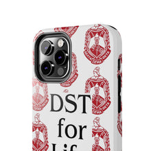 Load image into Gallery viewer, Phone Case in White with DST Crest in Red and DST for Life in Black
