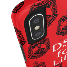 Load image into Gallery viewer, Phone Case in Red with DST Crest in Black with DST for Life in White
