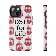 Load image into Gallery viewer, Phone Case in White with DST Crest in Red and DST for Life in Black
