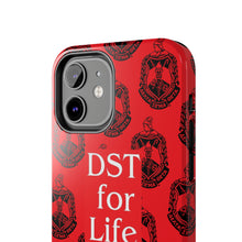 Load image into Gallery viewer, Phone Case in Red with DST Crest in Black with DST for Life in White
