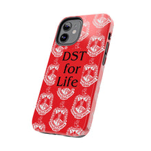 Load image into Gallery viewer, Phone Case in Red with DST Crest in White and DST for Life in Black
