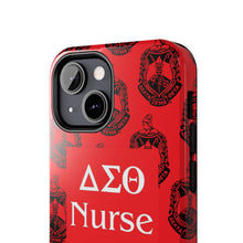 Load image into Gallery viewer, Phone Case in Red with DST Crest in Black with DST Nurse Theme
