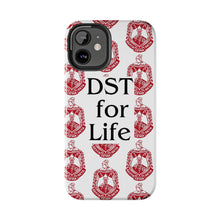 Load image into Gallery viewer, Phone Case in White with DST Crest in Red and DST for Life in Black
