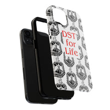 Load image into Gallery viewer, Phone Case in White with the DST Crest in Black and DST for Life in Red
