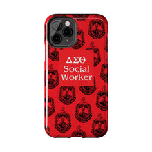 Load image into Gallery viewer, Phone Case in Red with DST Crest in Black with DST Social Worker Theme
